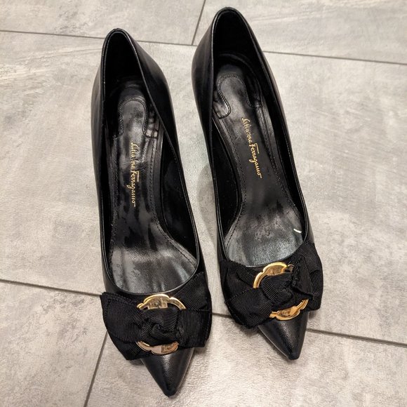 Salvatore Ferragamo Pointed Toe Pump Black Size 7C Bow Embellished Made In Italy - Picture 4 of 12